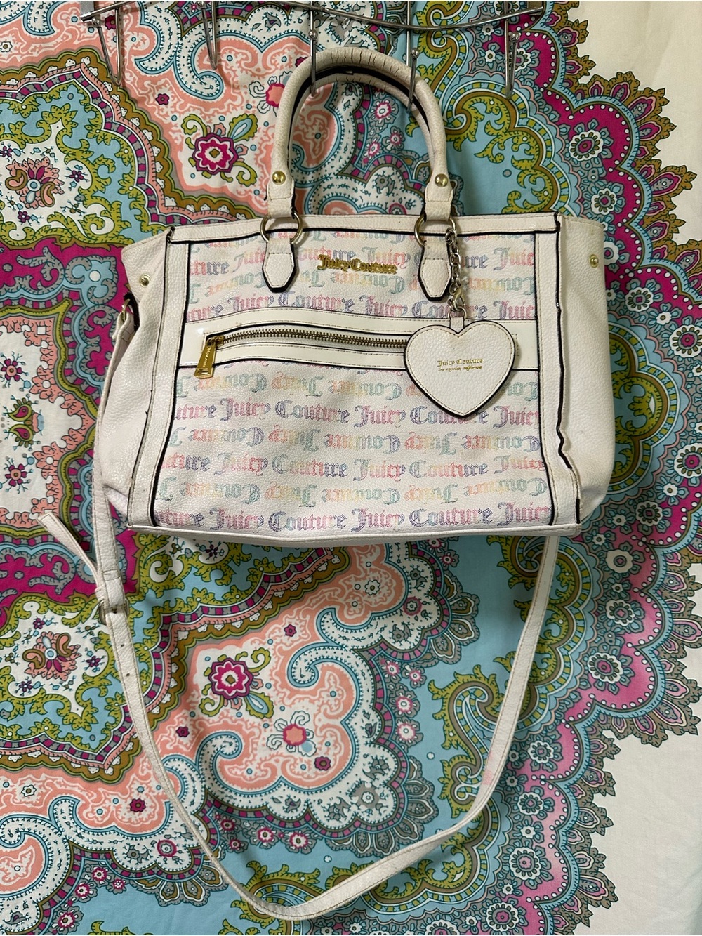 Juicy Couture White Multicolor Logo Satchel with Heart Charm